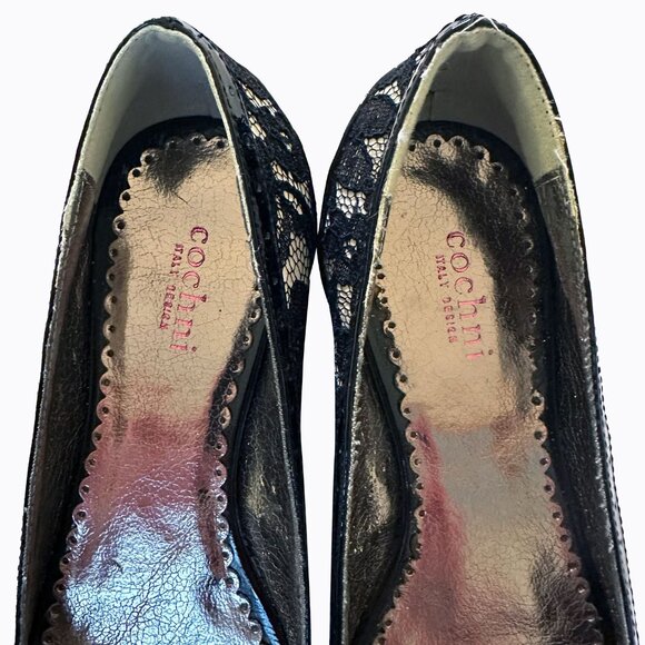 Cochni Black Leather Whimsigoth Goth Floral Lace Bow Point Toe Kitten Heel Sz 6 - Picture 7 of 9